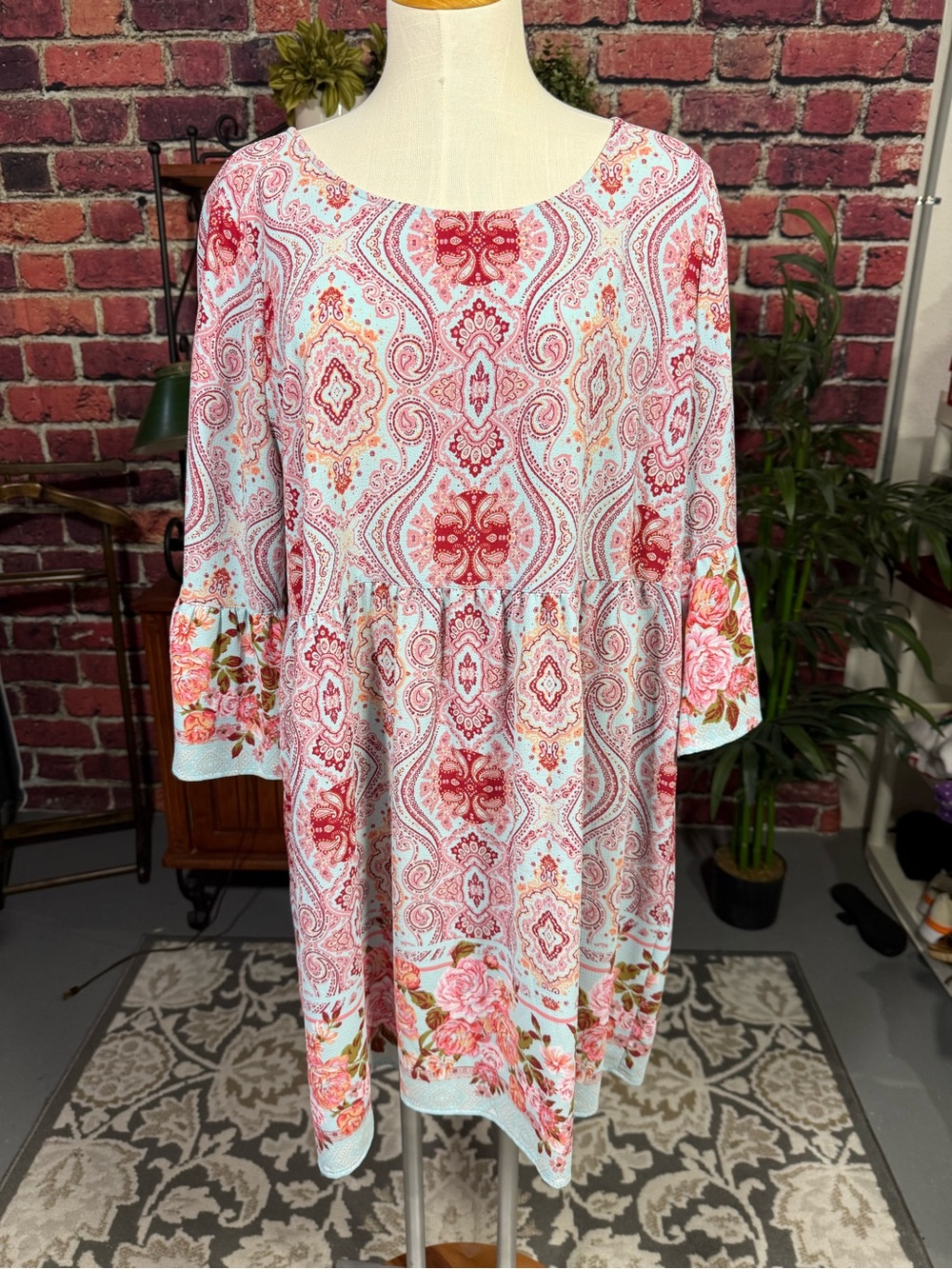 Uncle Frank XL Paisley Floral Bell Sleeve Boho Dress Tassel Keyhole